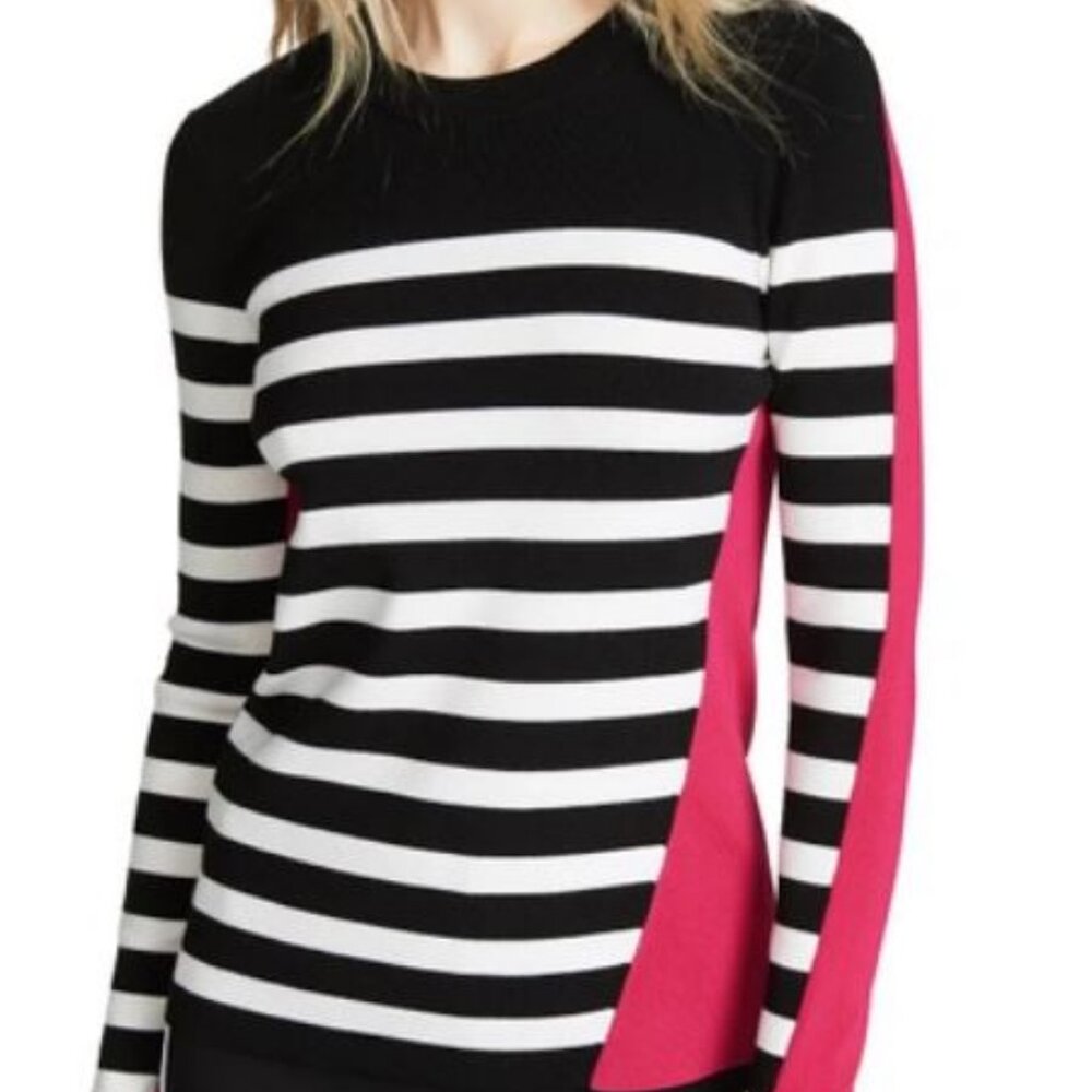 Cecilee Crewneck Striped Colorblock Pullover Sweater In Bright Rose size Small